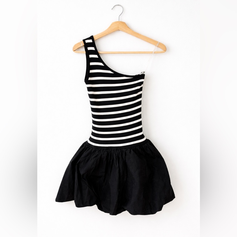 Black and White Striped One-Shoulder Dress